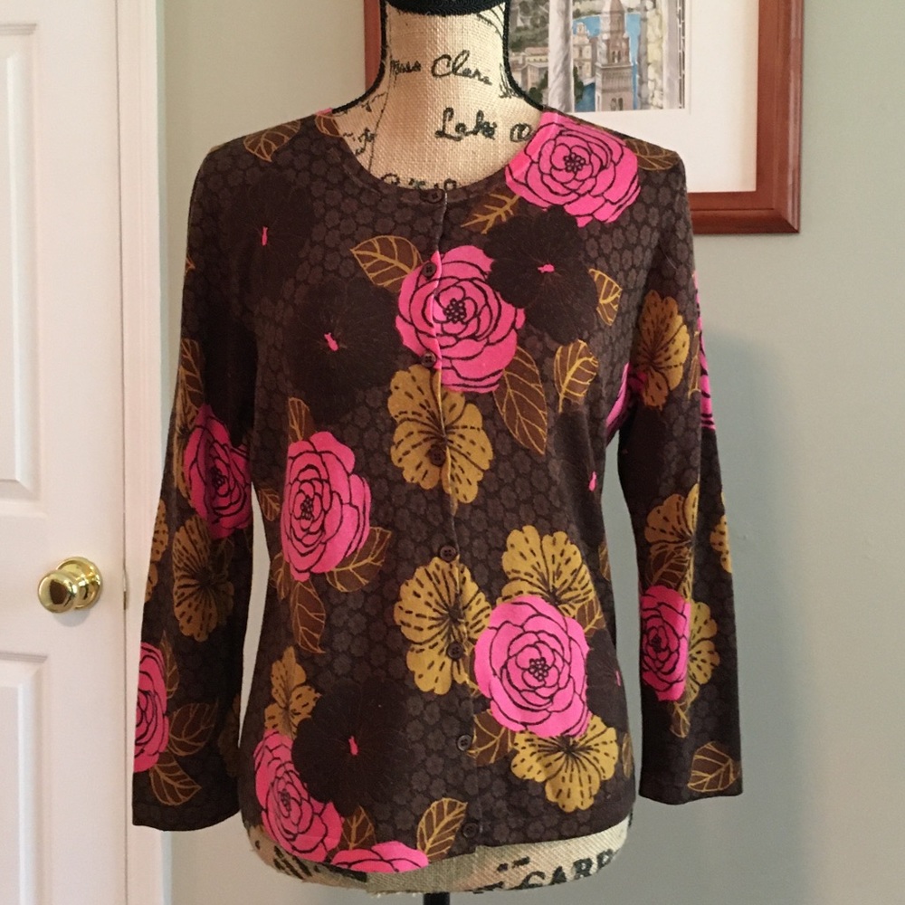 SOLD - Garnet Hill Eco Pink Brown Merino Wool Cardigan